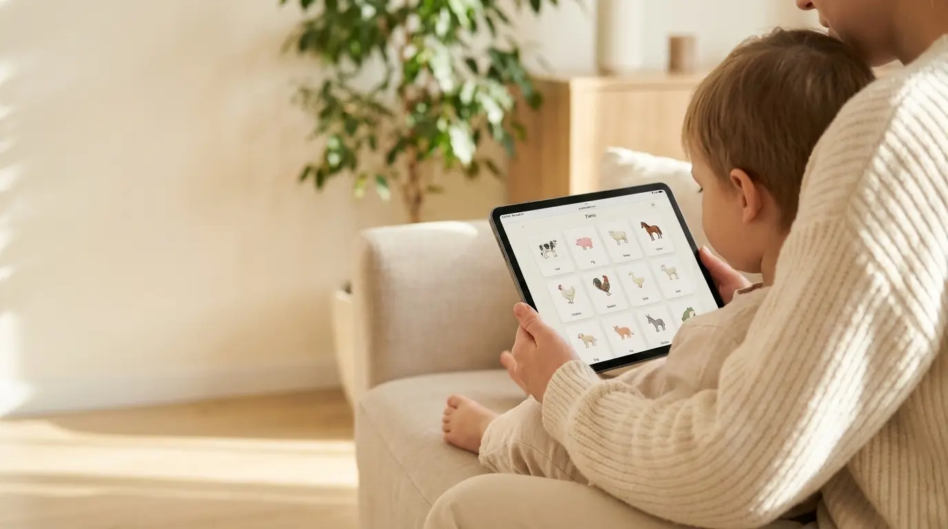 A parent and child sharing the Pictocards app on a tablet
